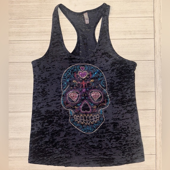 Next Level Apparel Tops - Cat House Lounge Embellished Sugar Skull Graphic Tank Top